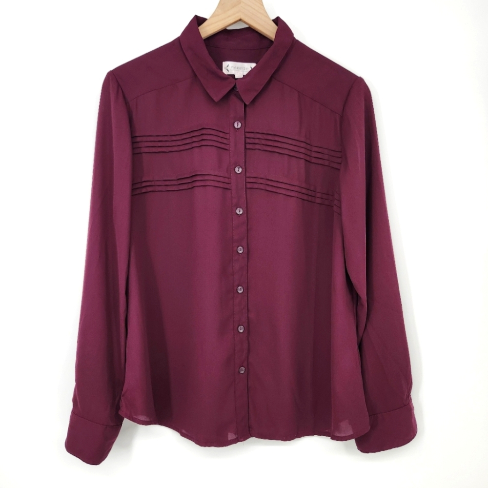 Nanette Lepore Deep Plum Blouse Top Womens Large Pleats Flowy Career Office